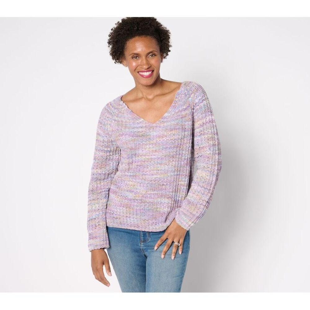 SUNNYLiFE Women's Top Sweater Sz S V-Neck Space Dye Chenille Purple